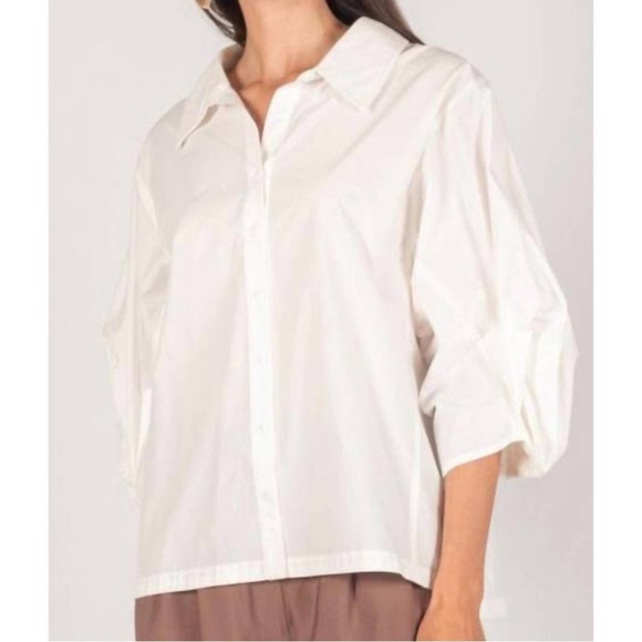 P Cill Poplin Button Up Blouse 3/4 Poof Balloon Sleeves White Large Elegant Work - Picture 2 of 12
